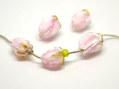 White pink flower lampwork bud beads, Handmade lampwork, Floral lampwork, Made to Order