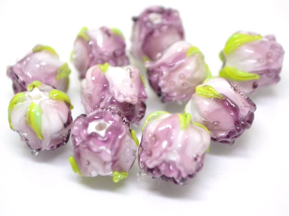 Amethyst white rosebud beads, Lilac floral lampwork, Lilac glass beads, DIY Jewelry, Flower glass beads, Flower Jewelry, Made for order