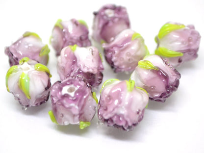 Amethyst white rosebud beads, Lilac floral lampwork, Lilac glass beads, DIY Jewelry, Flower glass beads, Flower Jewelry, Made for order