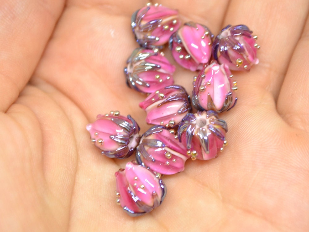 Bright pink flower beads silver, 10mm flower beads, lampwork rose buds, floral theme beads, Floral lampwork, Lampwork bead set, Handmade