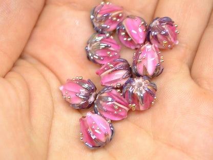 Bright pink flower beads silver, 10mm flower beads, lampwork rose buds, floral theme beads, Floral lampwork, Lampwork bead set, Handmade
