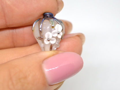 White Glass flower bouquet on lampwork bud beads, Miniature flowers, Glass miniature, Artisan lampwork, White silver glass flower beads