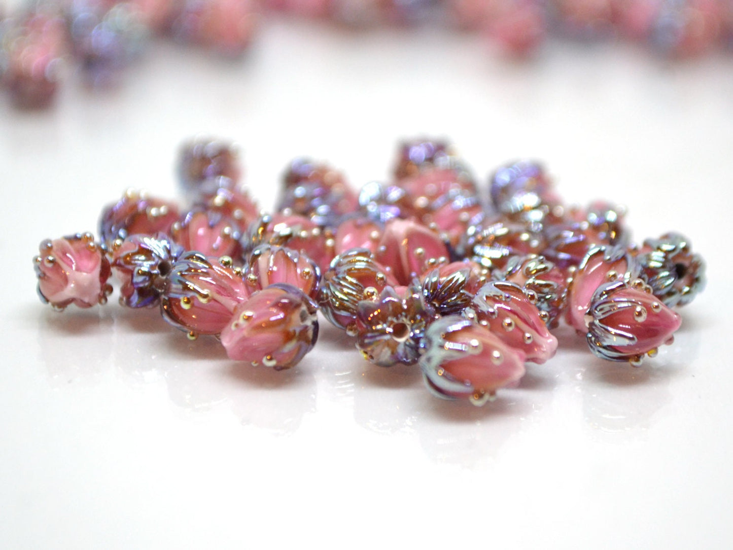 Blush pink flower beads, 7mm glass beads, Tiny flower beads,  Half drilled beads, Soft pink flower beads