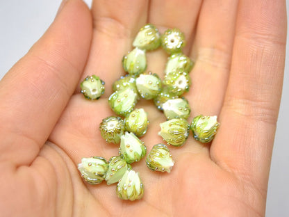 Mint green flower beads with gold leaves, Small glass beads, 7mm flower beads, Tiny lampwork beads