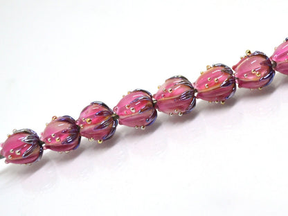 Bright pink flower beads silver, 10mm flower beads, lampwork rose buds, floral theme beads, Floral lampwork, Lampwork bead set, Handmade