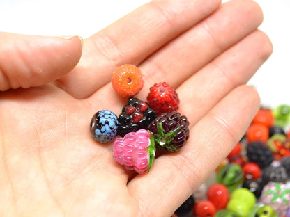 Lampwork Berry beads set 150pcs, Mix glass berries, Handmade berry beads, Oranges, Raspberry, Pomegranate, Apple, Dog-rose, Strawberry