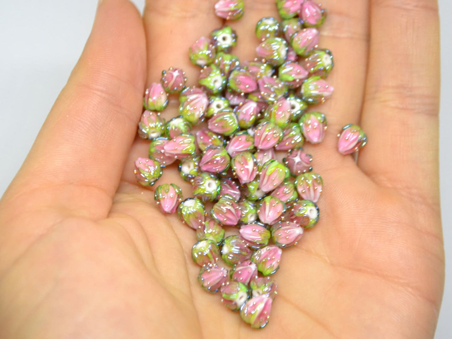 Light pink flower beads with green leaves, Tiny glass beads, through hole, 7mm flower beads, Artisan lampwork,
