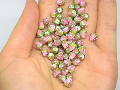 Light pink flower beads with green leaves, Tiny glass beads, through hole, 7mm flower beads, Artisan lampwork,