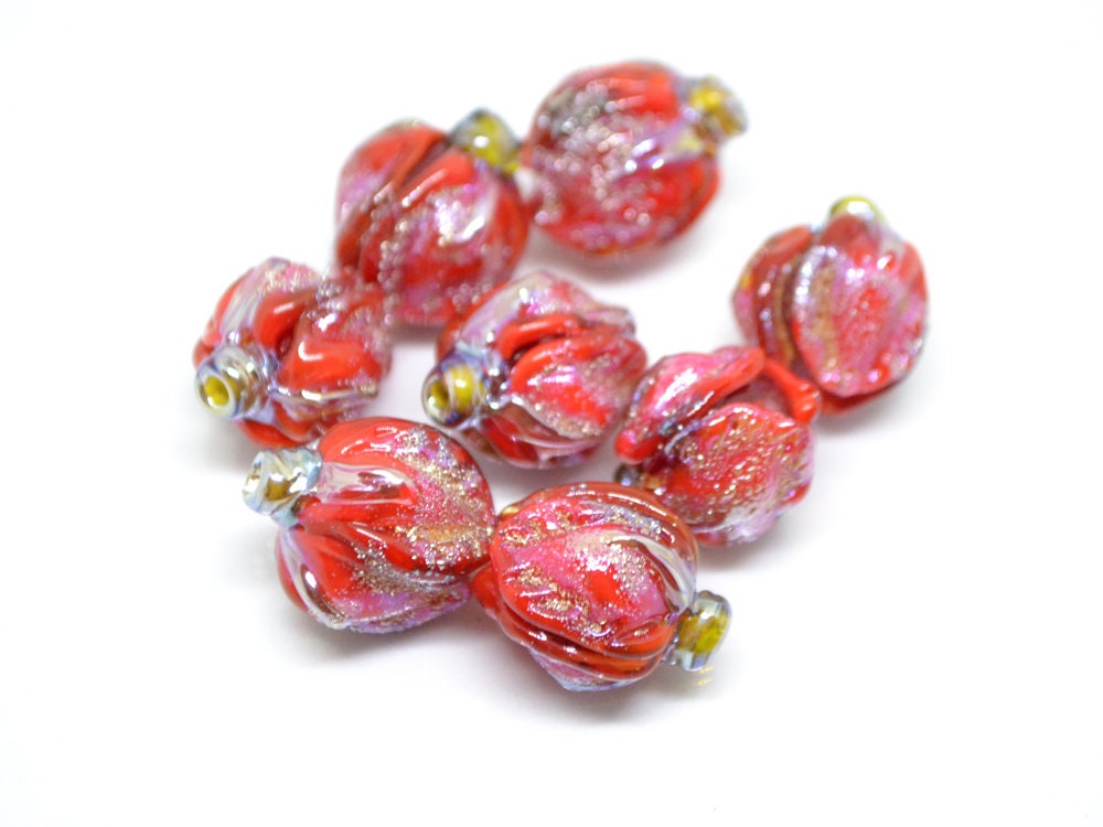 Scarlet red rose bud beads, Glitter Lampwork Bead, Stardust Flower lampwork beads, Sparkling beads, Glitter beads