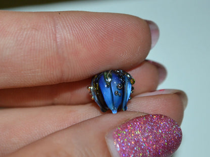 Blue black flower glass beads, Artisan lampwork floral beads, 10mm flower beads, space beads, Floral lampwork, Black flower blue silver