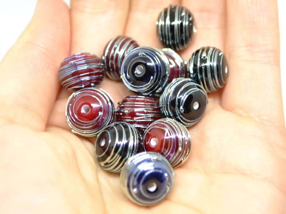 Black Red lampwork Handmade Beads, Stripes beads, Silver Stains beads, silver patterns, electric beads