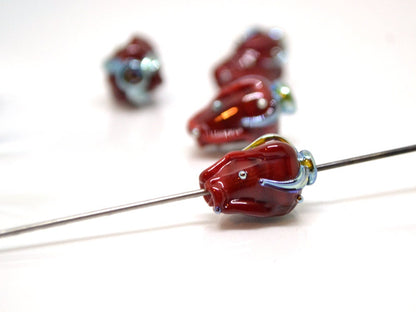 Red bud rose beads, Lampwork Glass Rose Bud Bead, Flower lampwork bead, Focal lampwork beads