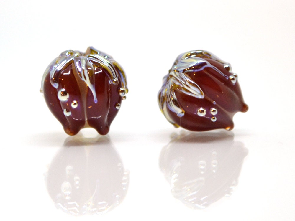 Flower lampwork bead, 10mm Dark red flower bud with silver, Artisan lampwork bead sets, Floral lampwork Bordeaux Garnet Glass beads Handmade