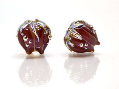 Flower lampwork bead, 10mm Dark red flower bud with silver, Artisan lampwork bead sets, Floral lampwork Bordeaux Garnet Glass beads Handmade