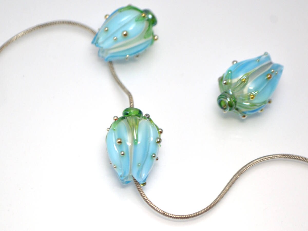 sky blue flower lampwork beads artisan lampwork wedding floral glass Bud blossom beads for earrings rose silver blue beads something blue