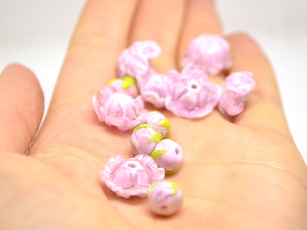 Lampwork peony beads, Glass flower beads, Pink floral beads, Handmade glass work, Focal lampwork, Lampwork Flower Bud Bead, SRA beads,Murano