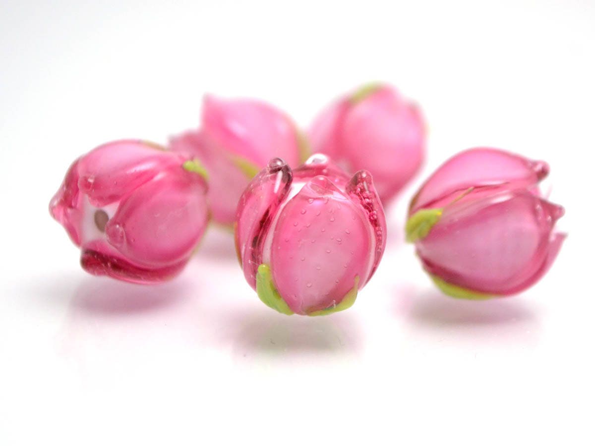 pink flower lampwork bead tender floral glass bud artisan handmade wedding jewelry making bracelet necklace pendant earrings bead set Leaf