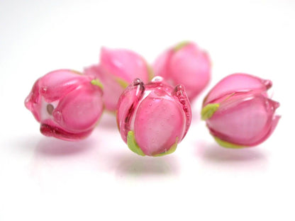 pink flower lampwork bead tender floral glass bud artisan handmade wedding jewelry making bracelet necklace pendant earrings bead set Leaf