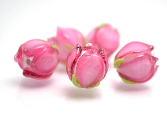 pink flower lampwork bead tender floral glass bud artisan handmade wedding jewelry making bracelet necklace pendant earrings bead set Leaf