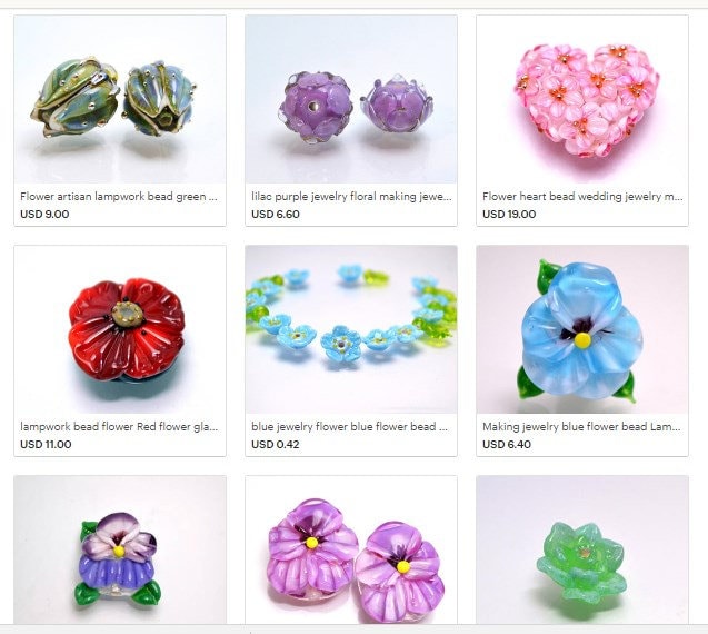 Artisan lampwork bead lilac gold floral wedding jewelry handmade bud flower glass jewelry making set art glass bracelet bead