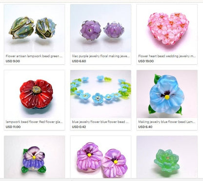 Artisan lampwork bead lilac gold floral wedding jewelry handmade bud flower glass jewelry making set art glass bracelet bead