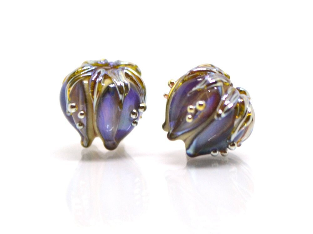 Purple gold glass beads, 10mm flower beads, Sparkle flower bead, Floral theme beads, Floral lampwork, Artisan lampwork, Lavender