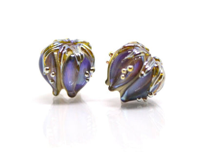 Purple gold glass beads, 10mm flower beads, Sparkle flower bead, Floral theme beads, Floral lampwork, Artisan lampwork, Lavender