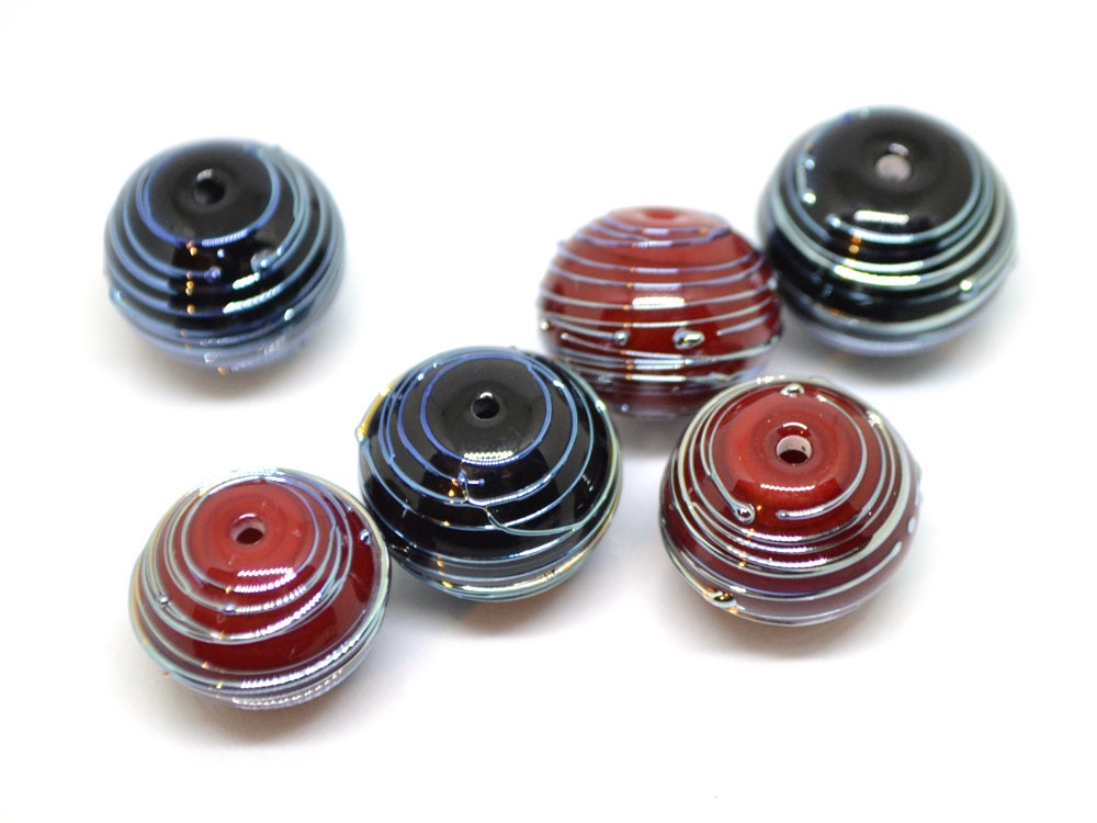 Hollow Black lampwork Beads, Stripes beads, Silver lines beads, Hollow red beads, Focal lampwork