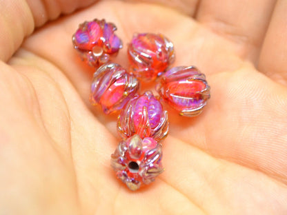 Red orange silver floral beads, Flower lampwork bead, 10mm flower beads, Lampwork flower glass beads, Artisan lampwork, bright glass beads