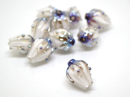 White flower glass beads, White blue gold lampwork beads handmade, Wedding jewelry making Beads for earrings Flower pendant Artisan lampwork