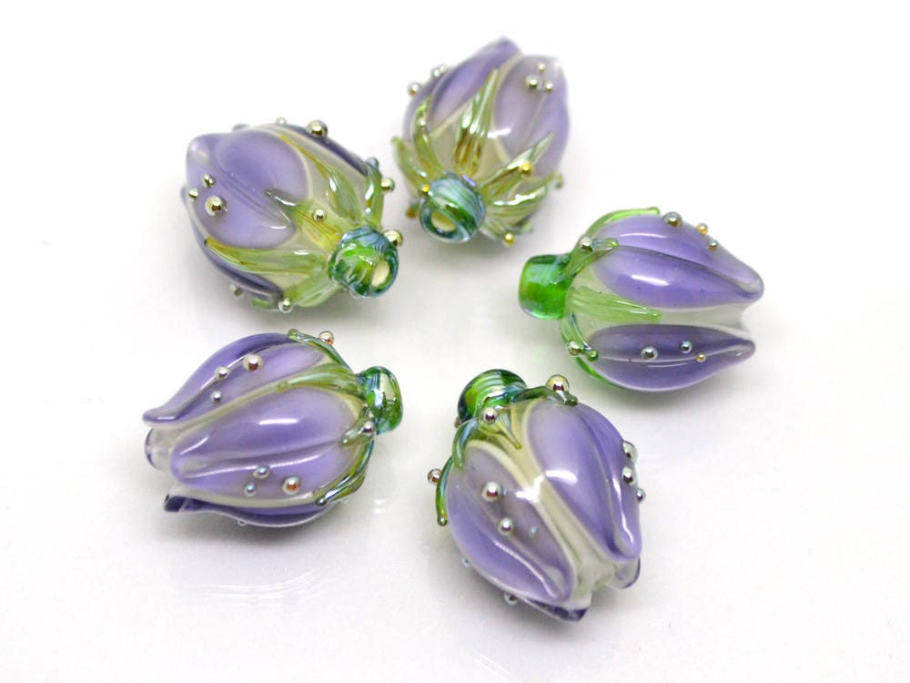 floral glass beads artisan lampwork bead pendant flower bud bead pastel beads light purle glass beads for earrings flower bead pendant glass
