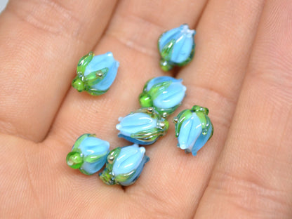 Aquamarine blue lampwork beads, Blue green flower beads, 9mm flower beads, Flower bud beads, Artisan lampwork