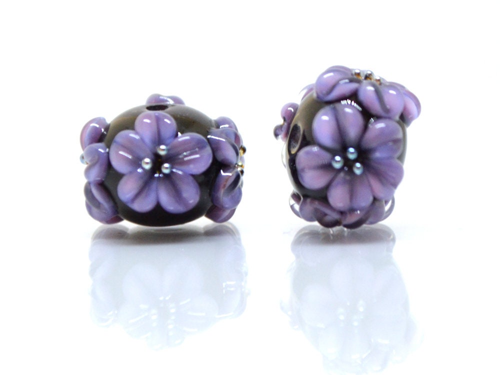 flower lampwork bead black glass beads bracelet artisan lampwork handmade glass bead black purple flower lavender flower earrings necklace