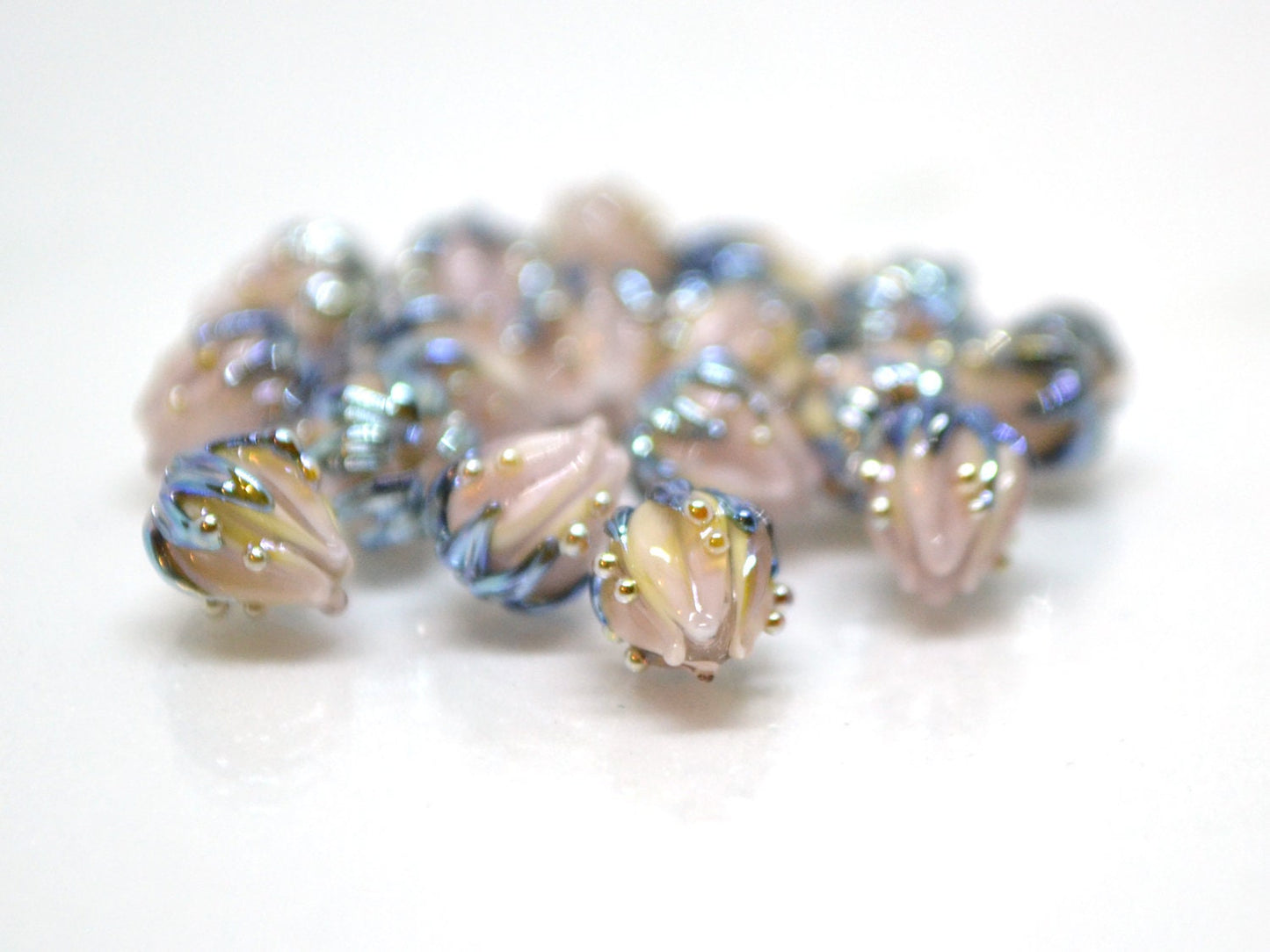 Very tiny 7mm pale pink flower glass beads, Small flower beads,  Half drilled beads, Small flower charm, through hole
