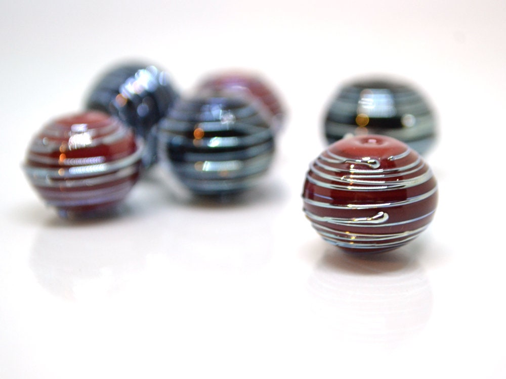 Hollow Black lampwork Beads, Stripes beads, Silver lines beads, Hollow red beads, Focal lampwork