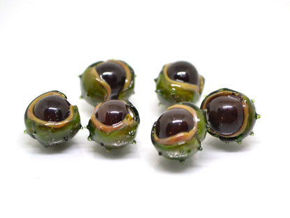 Lampwork chestnut beads, Handmade lampwork bead, Forrest glass beads, Green brown glass beads, Berry beads, Food glass bead,Artisan lampwork