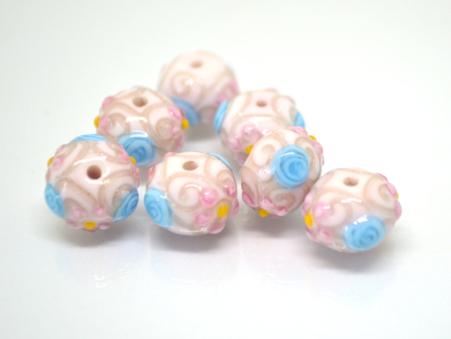 white murano glass lampwork, ethnic beads with flowers and curles, jewelry making venetian italian handmade beads