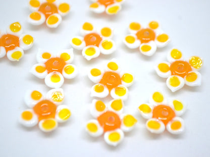 Bright white orange flower beads, 5 Petals floral lampwork, Field flower bead, Glass flowers, Meadow flowers, Flower necklace