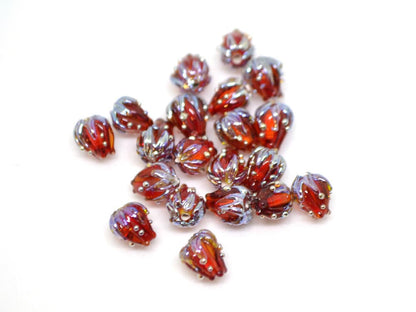 Red wine and silver floral lampwork beads, 7mm glass beads, Half drilled beads, Very small beads, Tiny beads