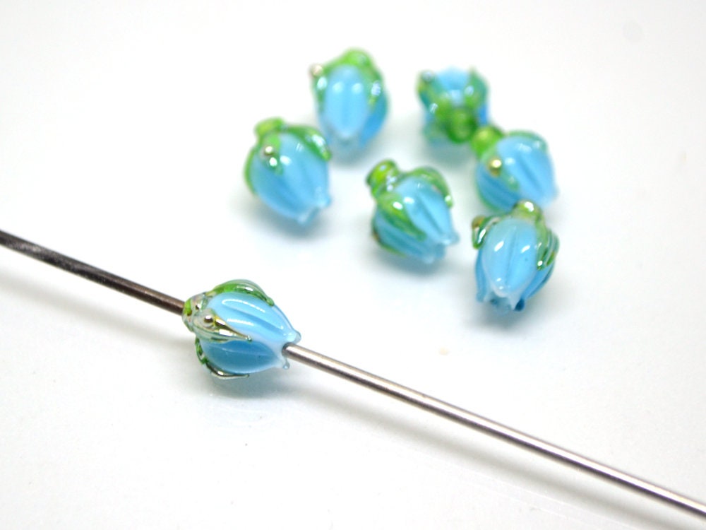 Aquamarine blue lampwork beads, Blue green flower beads, 9mm flower beads, Flower bud beads, Artisan lampwork