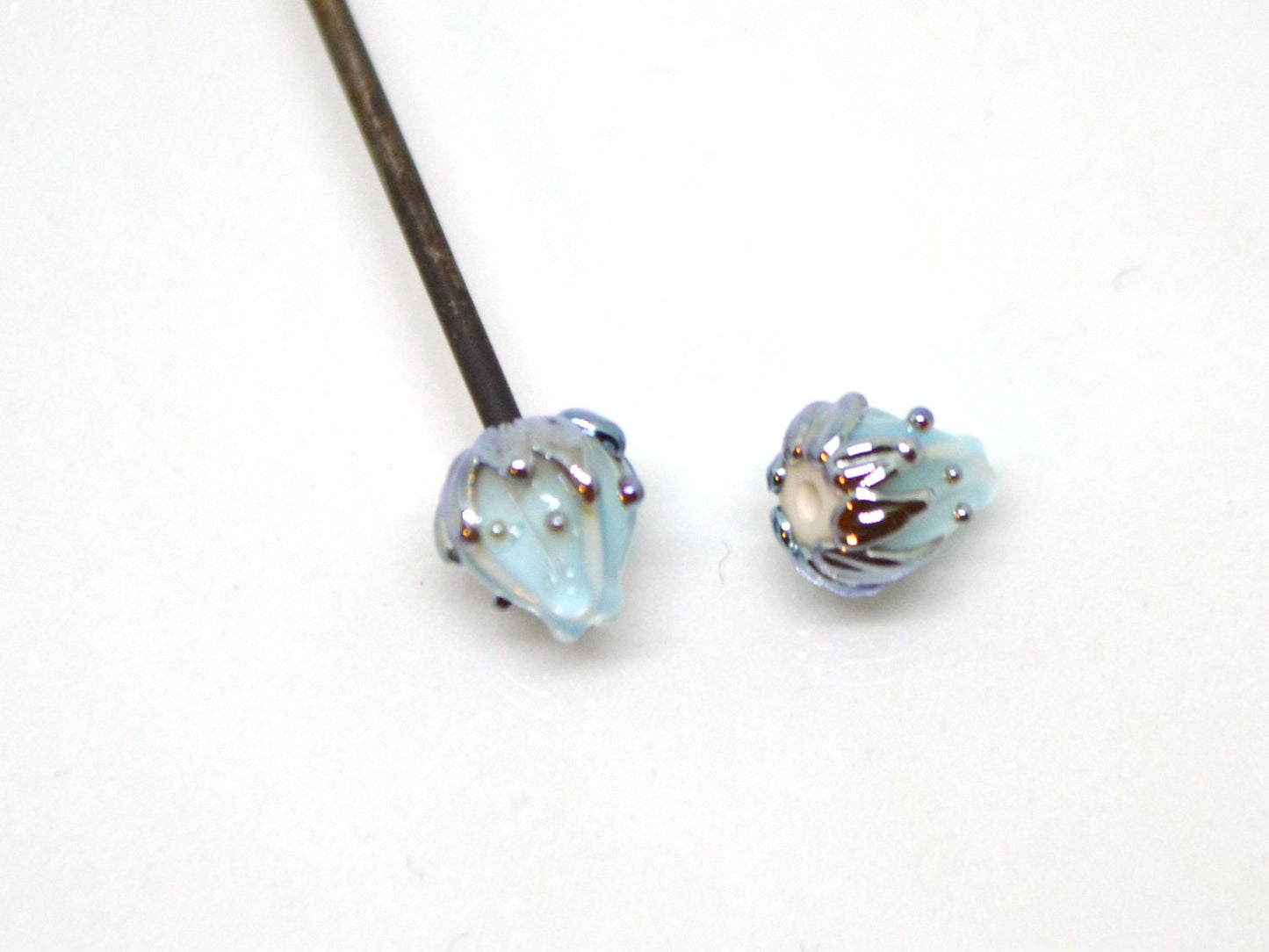 Very small 7mm pale blue and silver flower glass beads, Tiny flower beads,  Half drilled beads, Drilled Flowers