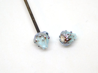 Very small 7mm pale blue and silver flower glass beads, Tiny flower beads,  Half drilled beads, Drilled Flowers
