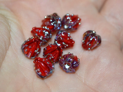 Deep red 7mm floral lampwork beads, Red and Silver flower beads, Small glass beads, Half drilled beads, Tiny glass beads, Bordeaux beads