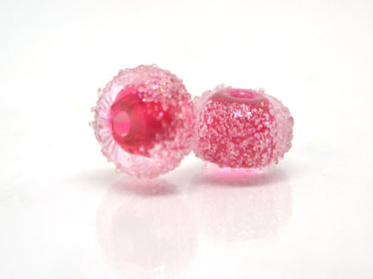 Ruby rose frosted glass beads, Frosted pink beads, Gumball bead, sugar glass beads, Artisan lampwork, Rondelle bright pink, sparkle glass