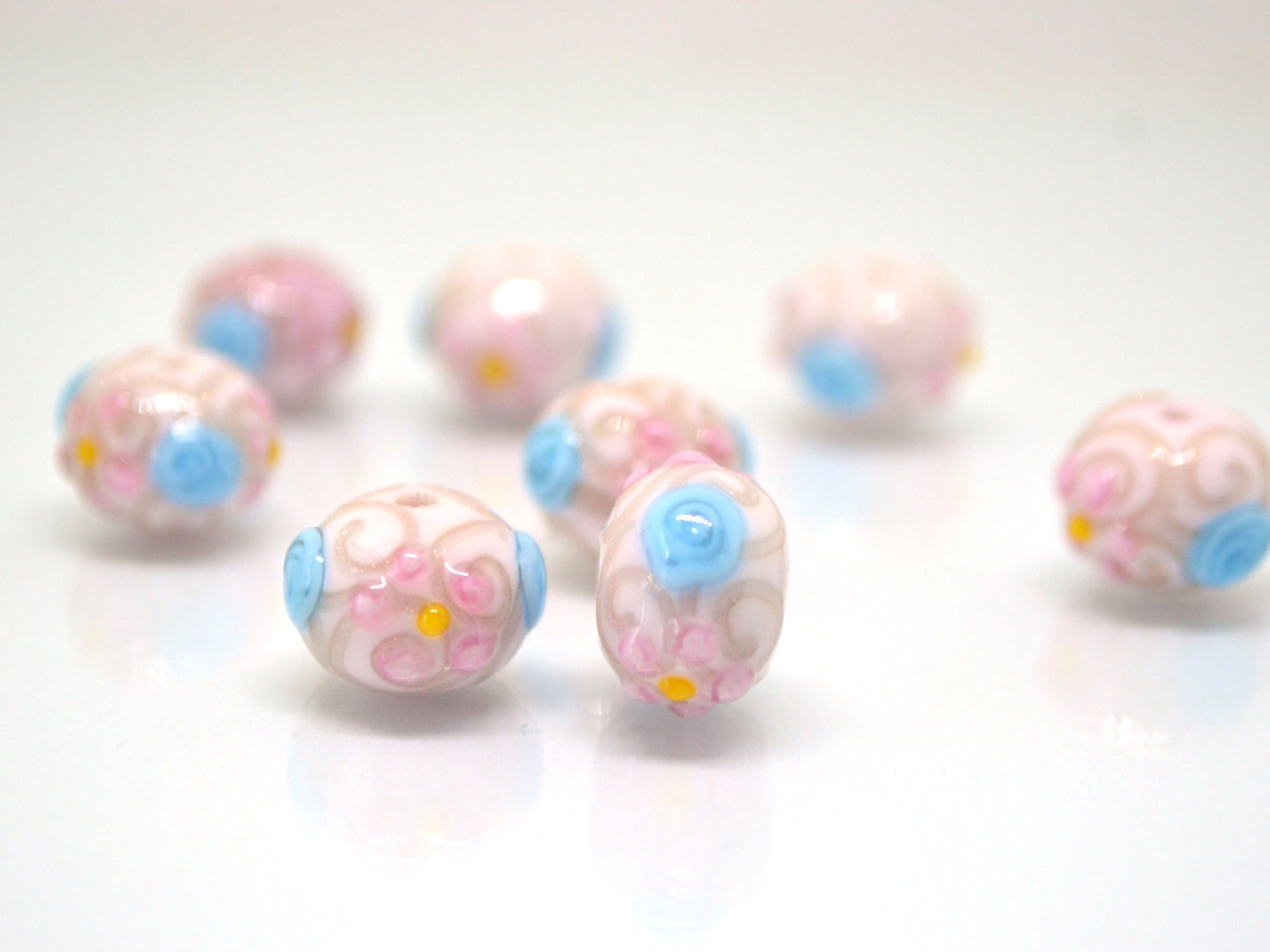 white murano glass lampwork, ethnic beads with flowers and curles, jewelry making venetian italian handmade beads