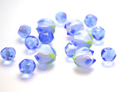 blue flower lampwork bead Tender floral glass bud Spring spot bead jewelry making Artisan lampwork Blue white set Small light blue spacer