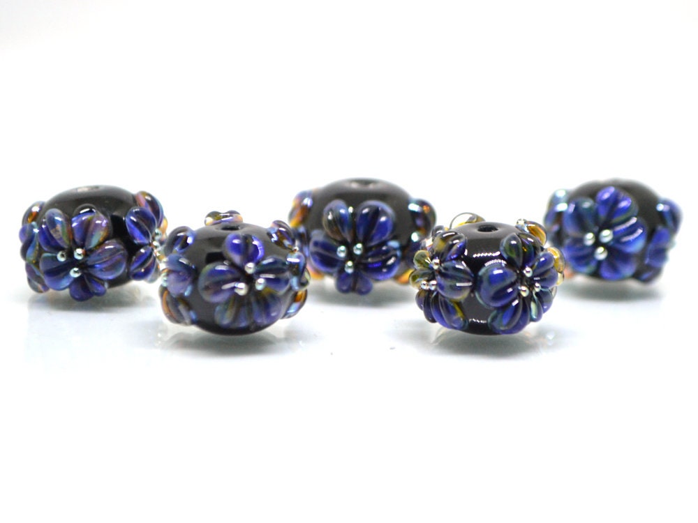 Dark lavender flower beads, Rondelle flower beads, Black blue glass beads, Spacer flower beads, Rondelle lampwork, Rondelle spacer bead