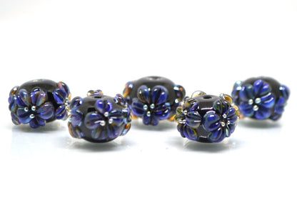 Dark lavender flower beads, Rondelle flower beads, Black blue glass beads, Spacer flower beads, Rondelle lampwork, Rondelle spacer bead