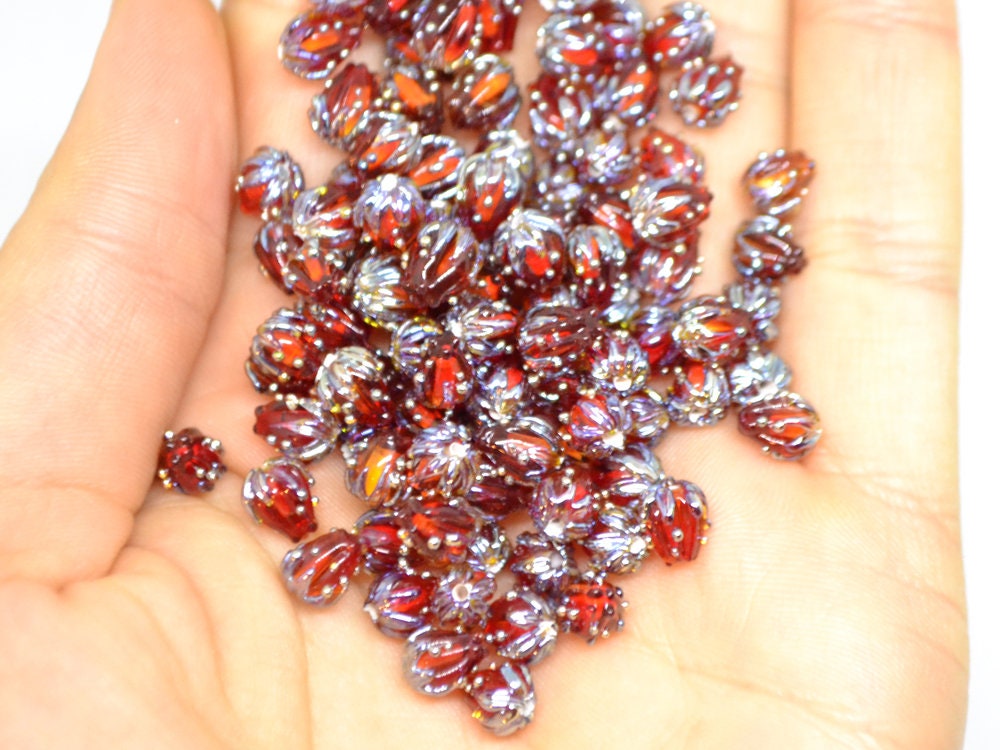 Red wine and silver floral lampwork beads, 7mm glass beads, Half drilled beads, Very small beads, Tiny beads
