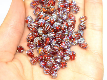 Red wine and silver floral lampwork beads, 7mm glass beads, Half drilled beads, Very small beads, Tiny beads